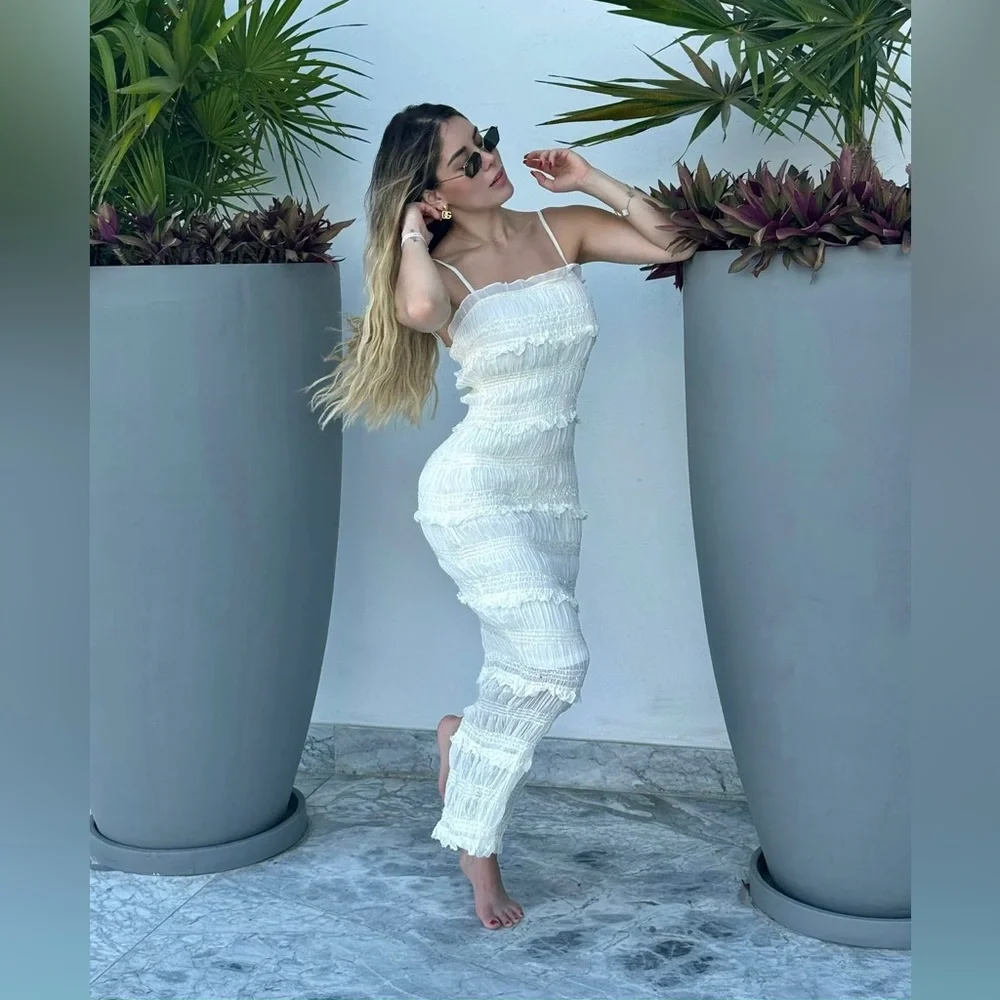 White ruched smocked midi maxi ruffle tiered dress - Picture 4 of 11